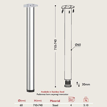 Masa Ayağı 71cm * 60mm Siyah 1 Adet