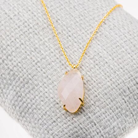 Pembe Kuvars Taşı Kolye-Gold Renk
