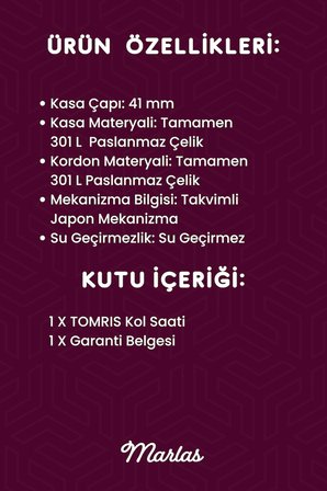 TOMRIS Çelik Erkek Kol Saati, Su Geçirmez, Takvimli, Garantili, Gümüş Rengi Kordon, Roma Rakamlı Kadın Kol Saati