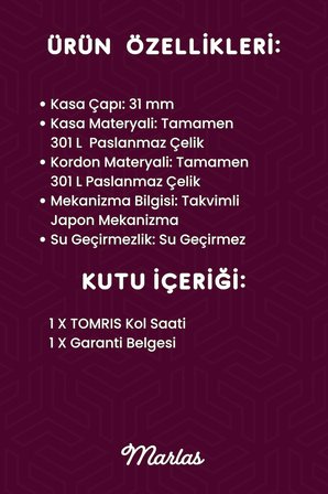 TOMRIS Çelik Kadın Kol Saati, Su Geçirmez, Takvimli, Garantili, Siyah Kadın Kol Saati