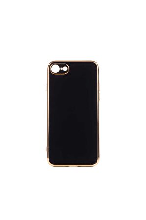 Apple iPhone SE 2020 Kılıf Kenarları Gold Kamera Korumalı Renkli Pastel Silikon Siyah