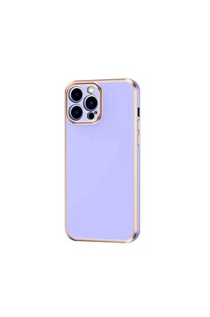 Apple iPhone 12 Pro Max Kılıf Kenarları Gold Kamera Korumalı Renkli Pastel Silikon Mor