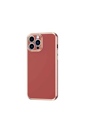 Apple iPhone 12 Pro Max Kılıf Kenarları Gold Kamera Korumalı Renkli Pastel Silikon Kahverengi