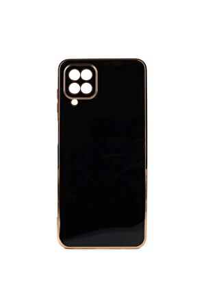 Samsung Galaxy A12 Kılıf Kenarları Gold Kamera Korumalı Renkli Pastel Silikon Siyah