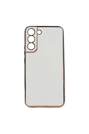 Samsung Galaxy S22 Plus Kılıf Kenarları Gold Kamera Korumalı Renkli Pastel Silikon Beyaz