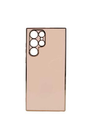 Samsung Galaxy S22 Ultra Kılıf Kenarları Gold Kamera Korumalı Renkli Pastel Silikon Rose Gold