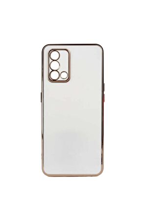 Oppo A74 4G Kılıf Kenarları Gold Kamera Korumalı Renkli Pastel Silikon Beyaz