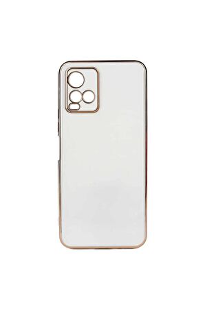 Vivo Y33S Kılıf Kenarları Gold Kamera Korumalı Renkli Pastel Silikon Beyaz