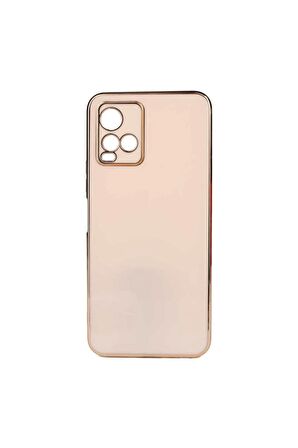 Vivo Y33S Kılıf Kenarları Gold Kamera Korumalı Renkli Pastel Silikon Rose Gold