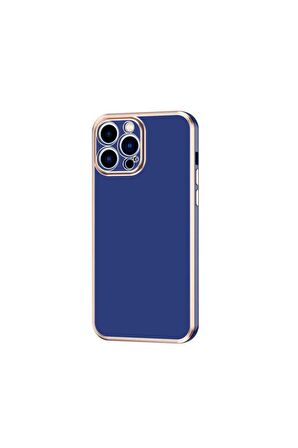 Apple iPhone 12 Pro Max Kılıf Kenarları Gold Kamera Korumalı Renkli Pastel Silikon Lacivert