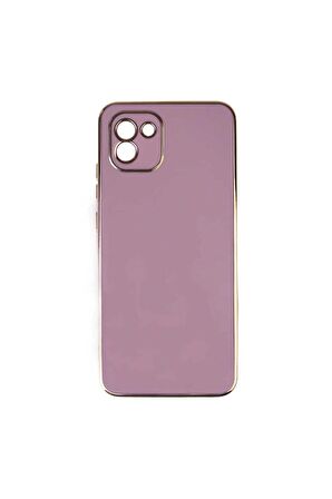 Samsung Galaxy A03 Kılıf Kenarları Gold Kamera Korumalı Renkli Pastel Silikon Mor