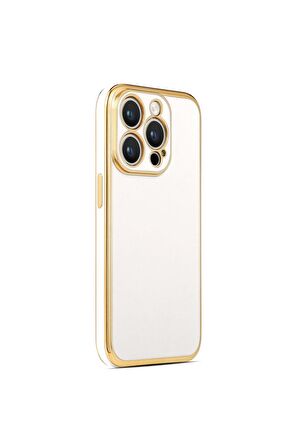 Apple iPhone 14 Pro Max Kılıf Kenarları Gold Kamera Korumalı Renkli Pastel Silikon Beyaz