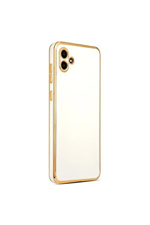Samsung Galaxy A04 Kılıf Kenarları Gold Kamera Korumalı Renkli Pastel Silikon Beyaz