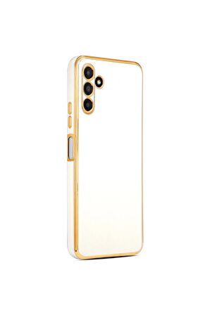 Samsung Galaxy A04S Kılıf Kenarları Gold Kamera Korumalı Renkli Pastel Silikon Beyaz