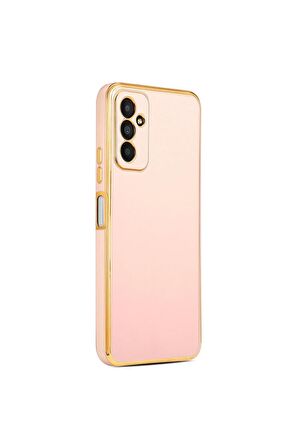 Samsung Galaxy M13 Kılıf Kenarları Gold Kamera Korumalı Renkli Pastel Silikon Rose Gold