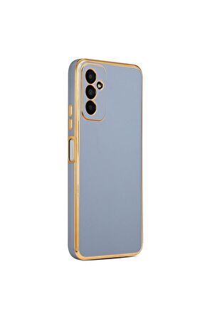 Samsung Galaxy M23 Kılıf Kenarları Gold Kamera Korumalı Renkli Pastel Silikon Mavi