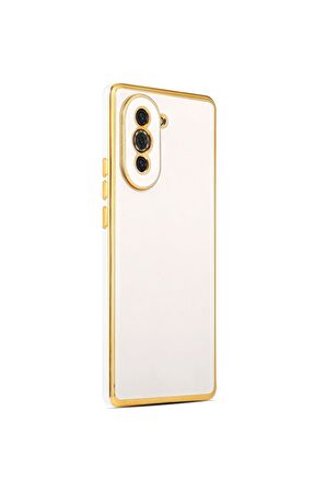 Huawei Nova 10 Kılıf Kenarları Gold Kamera Korumalı Renkli Pastel Silikon Beyaz