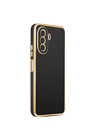 Huawei Nova Y70 Kılıf Kenarları Gold Kamera Korumalı Renkli Pastel Silikon Siyah