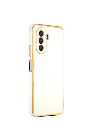 Huawei Nova Y70 Kılıf Kenarları Gold Kamera Korumalı Renkli Pastel Silikon Beyaz