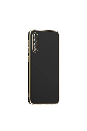 Samsung Galaxy A50 Kılıf Kenarları Gold Kamera Korumalı Renkli Pastel Silikon Siyah