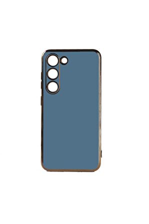 Samsung Galaxy S23 Plus Kılıf Kenarları Gold Kamera Korumalı Renkli Pastel Silikon Mavi