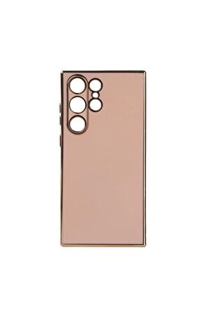 Samsung Galaxy S23 Ultra Kılıf Kenarları Gold Kamera Korumalı Renkli Pastel Silikon Rose Gold