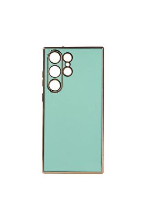Samsung Galaxy S23 Ultra Kılıf Kenarları Gold Kamera Korumalı Renkli Pastel Silikon Açık Yeşil