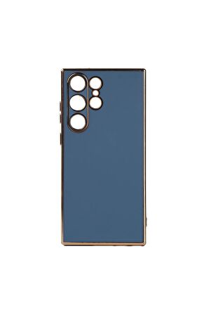 Samsung Galaxy S23 Ultra Kılıf Kenarları Gold Kamera Korumalı Renkli Pastel Silikon Mavi