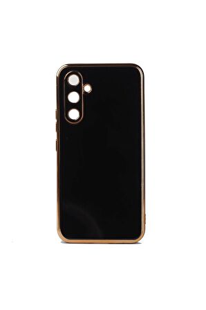 Samsung Galaxy M14 Kılıf Kenarları Gold Kamera Korumalı Renkli Pastel Silikon Siyah