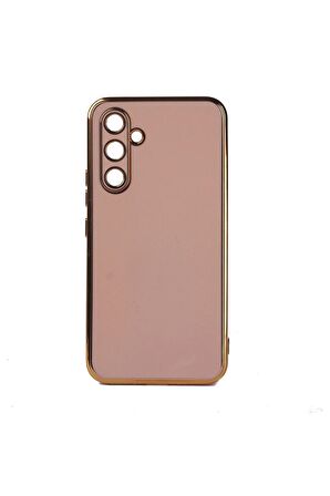 Samsung Galaxy M14 Kılıf Kenarları Gold Kamera Korumalı Renkli Pastel Silikon Rose Gold