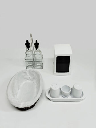 BEZLİ EKMEK SEPETİ-İKİLİ YAĞLIK-SİRKELİK-BEYAZ PEÇETELİK-BEYAZ TUZLUK TAKIMI (4'LÜ SET)