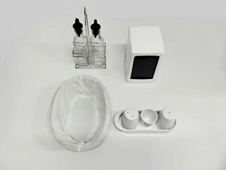 BEZLİ EKMEK SEPETİ-İKİLİ YAĞLIK-SİRKELİK-BEYAZ PEÇETELİK-BEYAZ TUZLUK TAKIMI (4'LÜ SET)