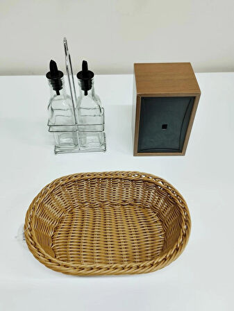 AHŞAP DİK PEÇETELİK-2'Lİ YAĞLIK-SİRKELİK-PLASTİK EKMEK SEPETİ (3'LÜ SET)