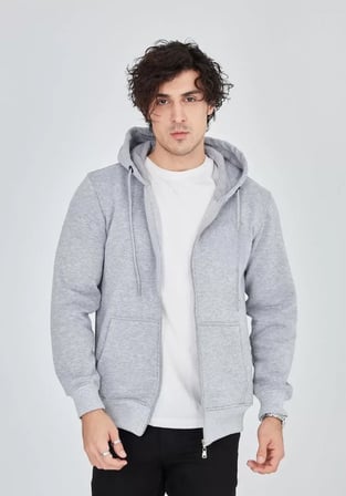 Unisex Tam Fermuarlı Kapşonlu  SweatShirt - Gri - Gri / M