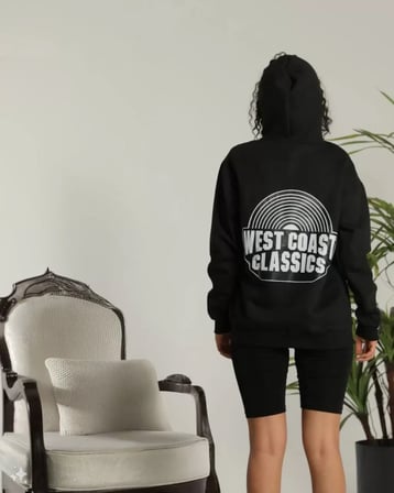 Unisex Sırt Baskılı Kapüşonlu Üç İplik Oversize Sweatshirt - Siyah - Siyah / L