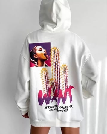 Baskılı Üç İplik Kapüşonlu Oversize Sweatshirt - Beyaz - Beyaz / M