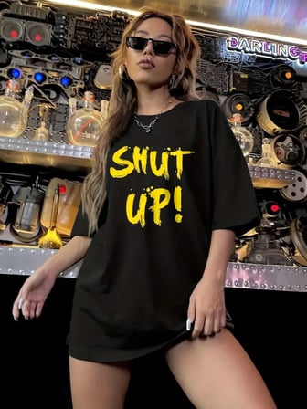 Baskılı Oversize Bisiklet Yaka T-shirt - Siyah - Siyah / M