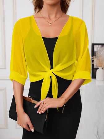 Kadın Truvakar Kollu önden Bağlamalı Kısa şifon Bolero Ceket - Sarı / S-M