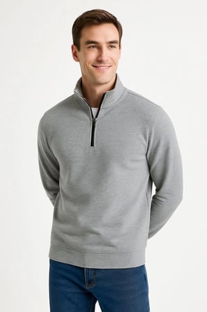 Erkek Dik Yaka Sweatshirt Dik Yaka Yarım Fermuarlı 3 İplik Şardonlu Pamuk Kumaş - Gri - Gri / S