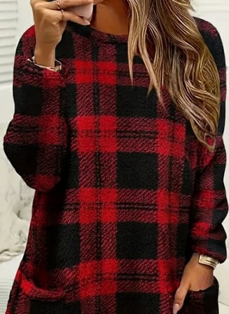 Kadın Uzun Kollu Yarı Balıkçı Yakalı Cep Detaylı Ekoseli Dokuma Tunik - Kırmızı / 2XL-3XL