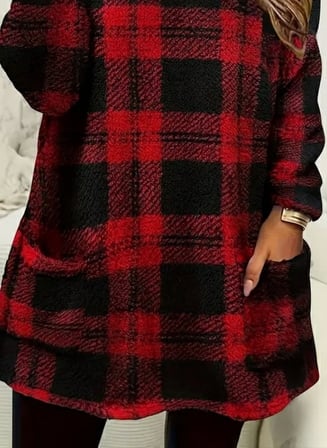 Kadın Uzun Kollu Yarı Balıkçı Yakalı Cep Detaylı Ekoseli Dokuma Tunik - Kırmızı / 2XL-3XL