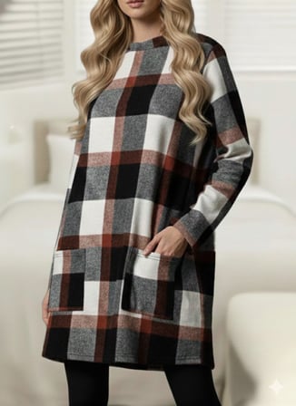Kadın Uzun Kollu Yarı Balıkçı Yakalı Cep Detaylı Ekoseli Dokuma Tunik - Desenli / S-M