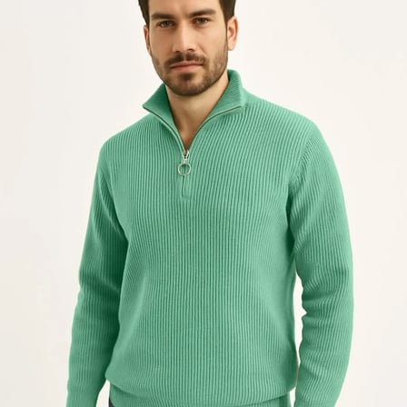 Erkek Fitilli Triko Kazak 2’li Set – Mint Yeşili - Siyah, Kalın Dokuma Pamuklu Regular Fit V Yaka Fermuarlı Uzun Kollu Rahat Kışlık Kazak Kombini - Mintyeşili-Siyah / M