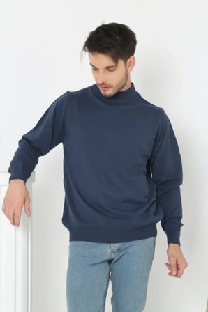Erkek Yarım Boğaz Triko Kazak Yumuşak Dokulu Pamuklu Ince Dokuma, Uzun Kollu Rahat Regular Kalıp - İndigo - İndigo / 2XL