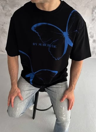 Unisex Bisiklet Yaka Baskılı Oversize T-Shirt - Siyah - Siyah / XL