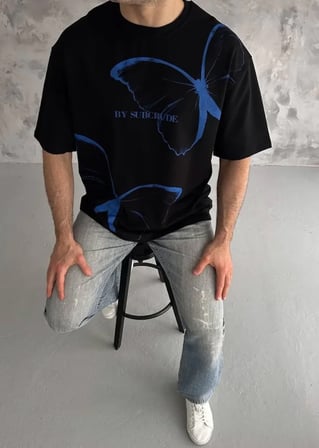 Unisex Bisiklet Yaka Baskılı Oversize T-Shirt - Siyah - Siyah / XL