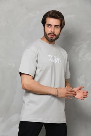 Unisex Bisiklet Yaka Baskılı Oversize T-Shirt - Gri - Gri / S