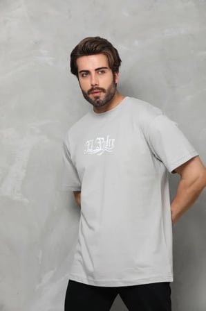 Unisex Bisiklet Yaka Baskılı Oversize T-Shirt - Gri - Gri / S