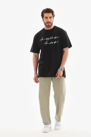Unisex Bisiklet Yaka Baskılı Oversize T-Shirt - Siyah - Siyah / M