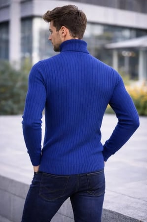 Erkek Balıkcı Yaka Bağazlı Triko Kazak Pamuklu Kalın Fitilli Dokuma, Regular Fit Uzun Kollu Kışlık Model - İndigo - İndigo / M